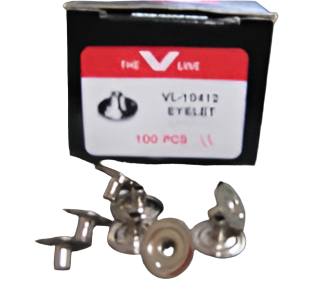 Silver metal eyelets and fasteners scattered near their box; 100 pieces included.