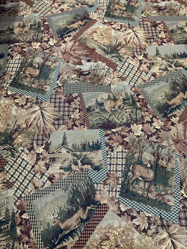 Cabin Life Whitetail Deer tapestry fabric: woodland deer, cabin, plaid & leaf patterned upholstery material