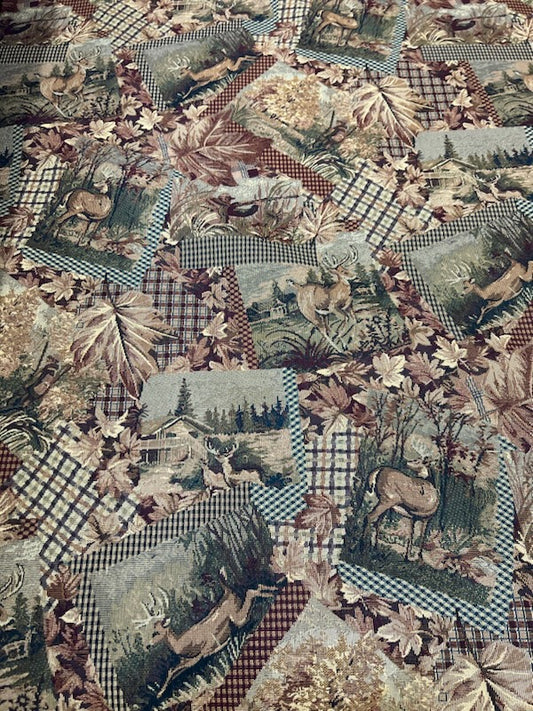 Cabin Life Whitetail Deer tapestry fabric: woodland deer, cabin, plaid & leaf patterned upholstery material