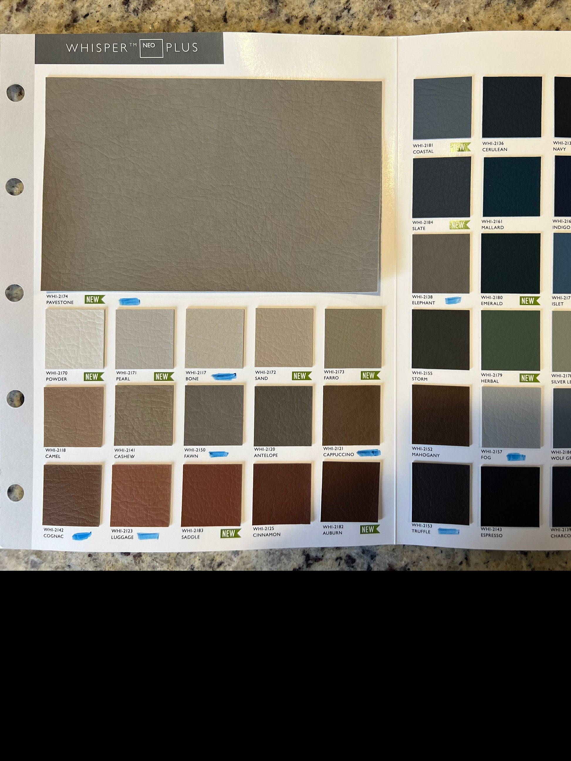 Whisper Neo Plus vinyl sample card showcasing various colors & textures.