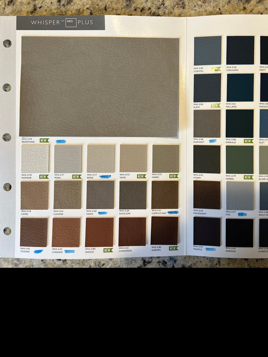Whisper Neo Plus vinyl sample card showcasing various colors & textures.