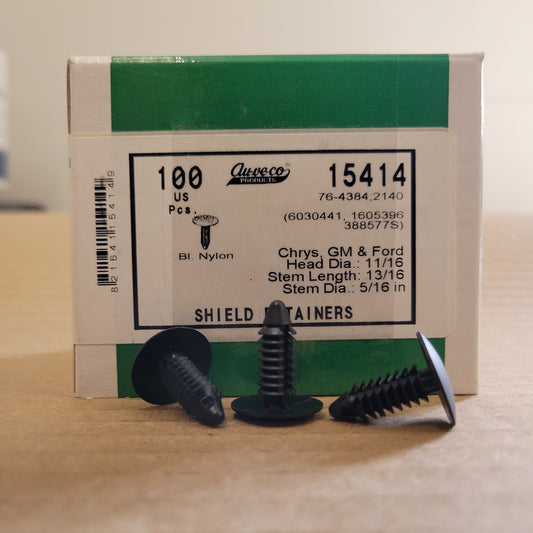 AUVECO 15414 Shield Retainers: 100 black nylon fasteners for Chrysler, GM & Ford vehicles. 11/16" head, 13/16" stem length.
