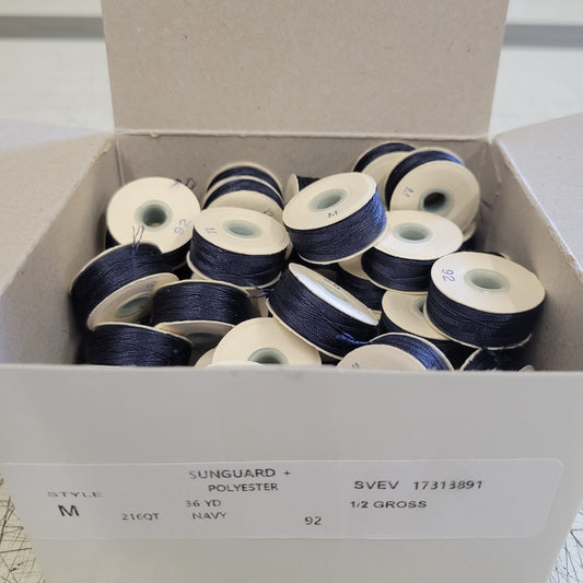 Sunguard 92M Navy Bobbins (216QT): 1/2 gross, 36yd polyester thread