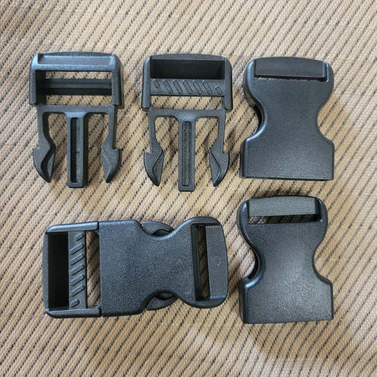 Black plastic 1" buckles: four styles for various uses.