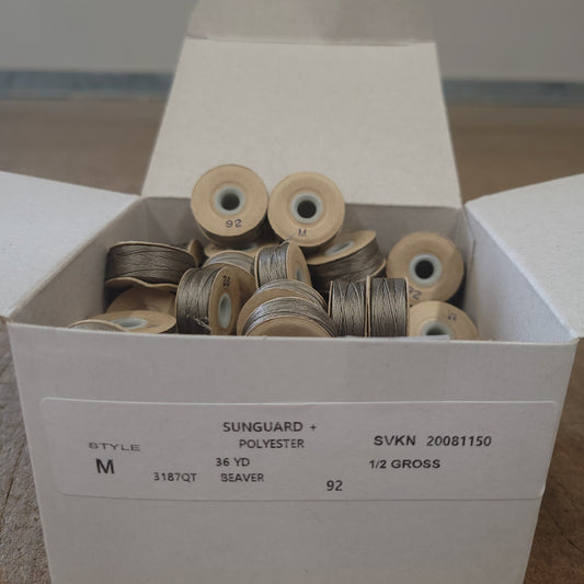 Sunguard 92M Beaver Bobbins 229Q: 1/2 gross, size M, 36 yd polyester thread spools in a box.