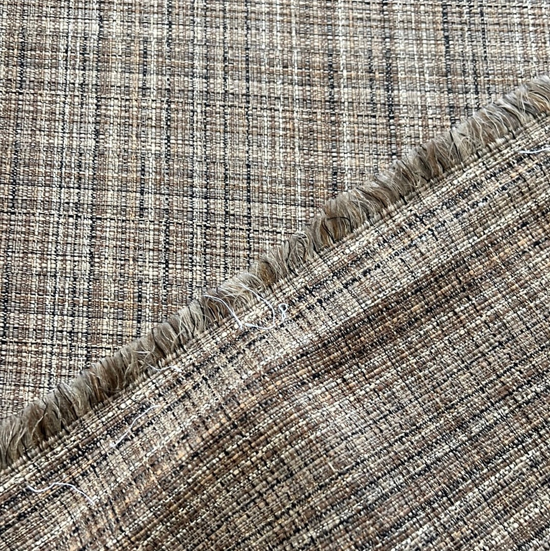 Taupe tweed fabric swatch, textured weave with subtle color variations.