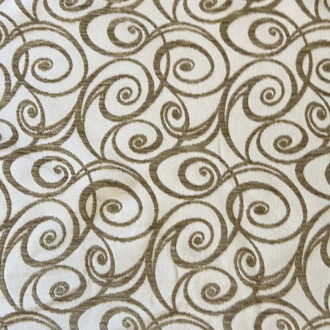 1886 Art Nouveau Oyster fabric: Taupe swirl pattern on off-white background.