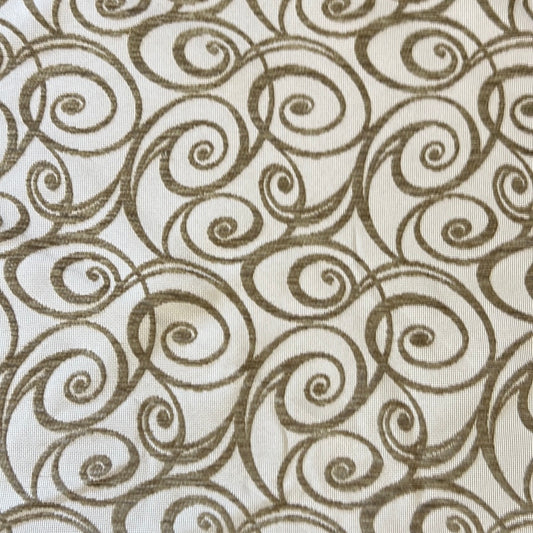 1886 Art Nouveau Oyster fabric: Taupe swirl pattern on off-white background.