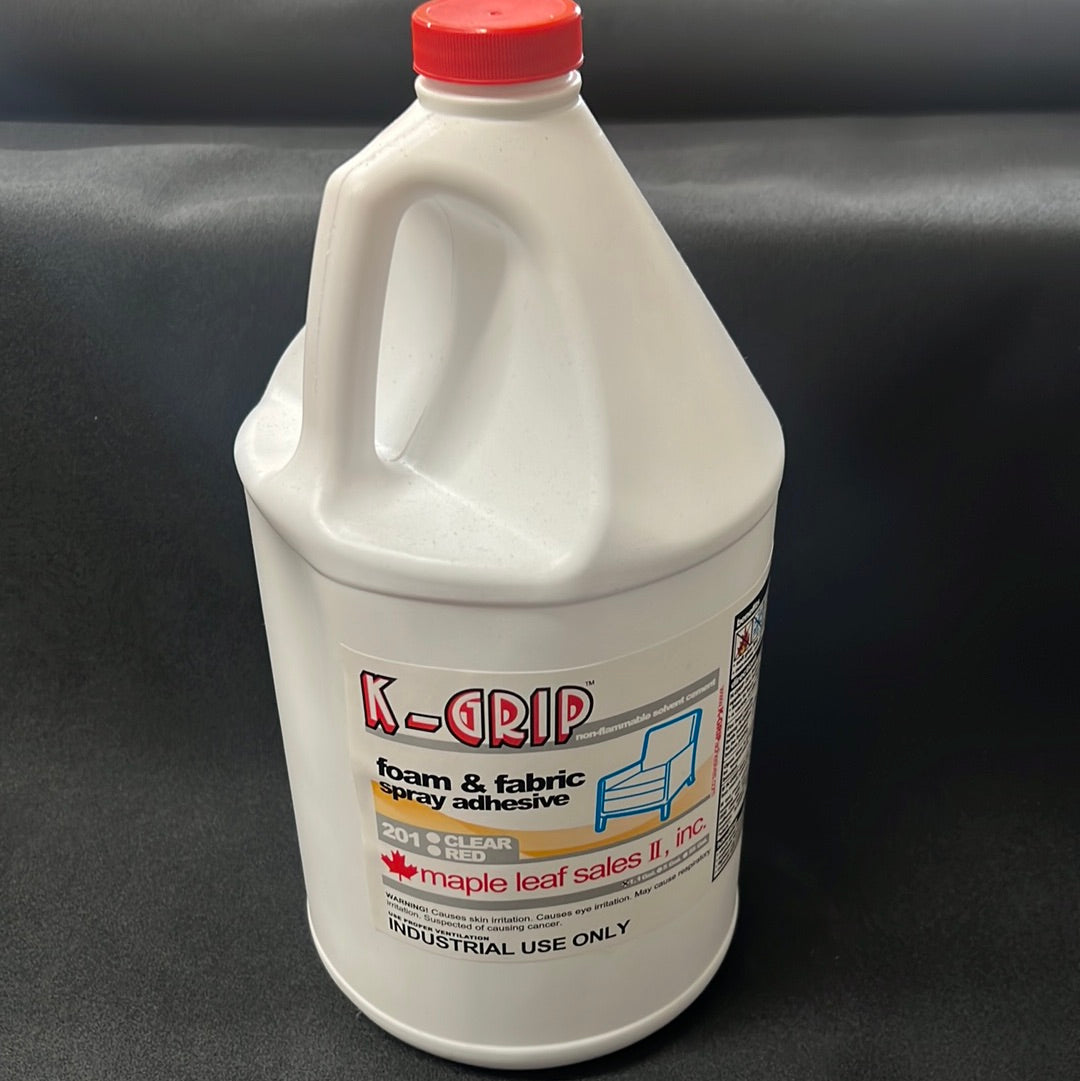 K-Grip 201 Red Clear Foam & Fabric Spray Adhesive, 1 gallon jug, industrial use only.
