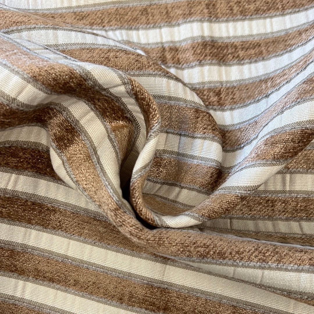 Brown and beige striped fabric swatch, showcasing texture and drape.
