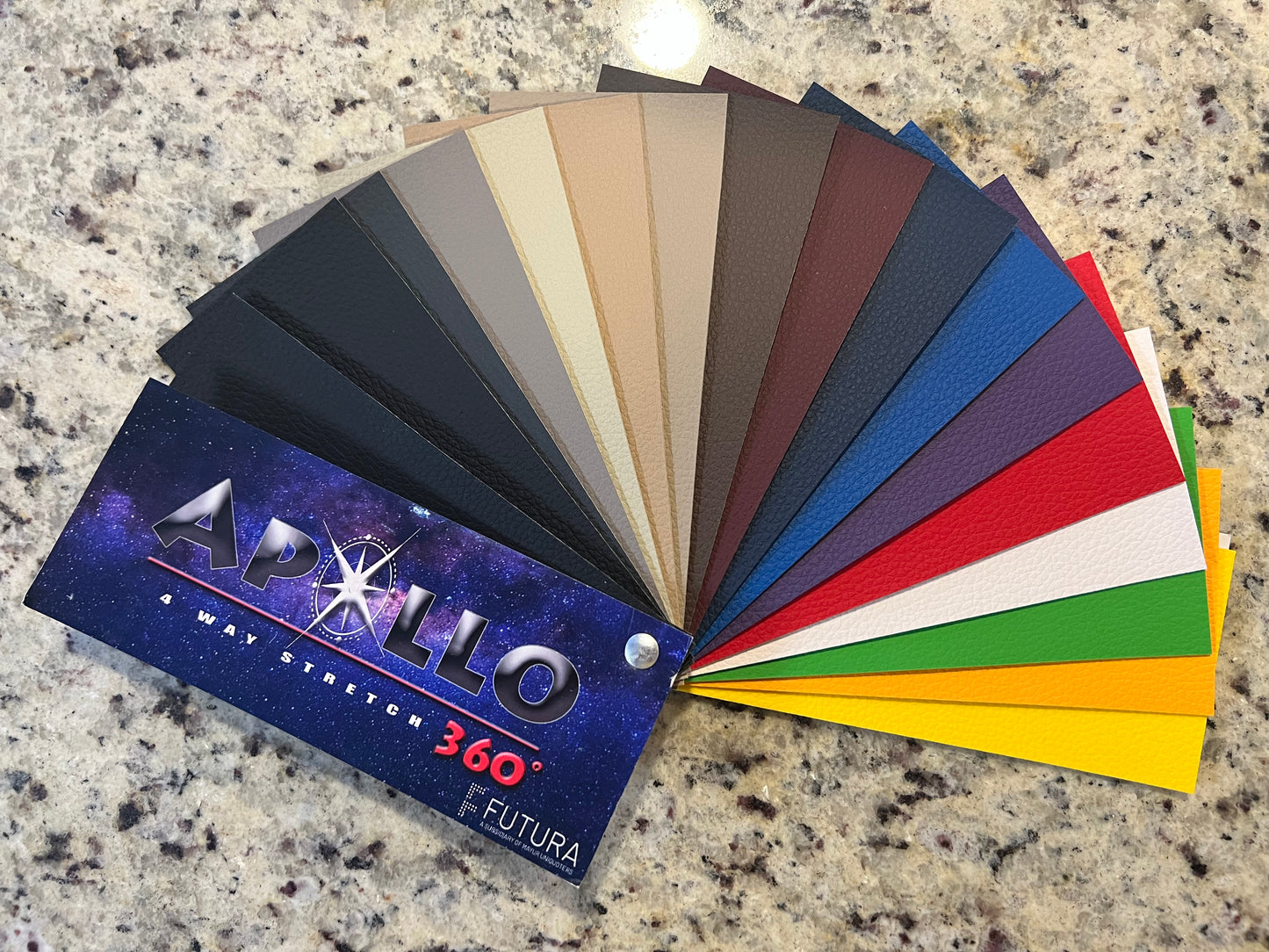 Apollo 360° 4-way stretch sample book: showcasing various colors of leatherette.