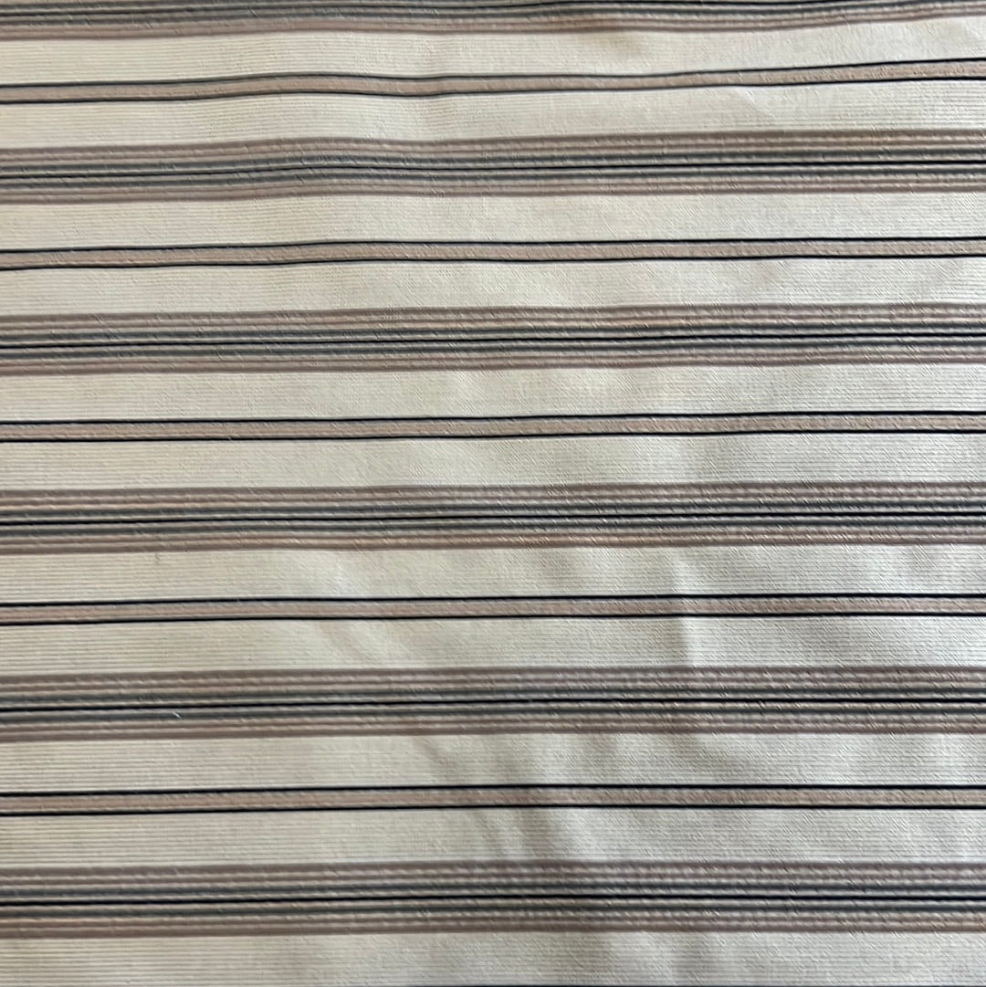 1899 Fab-bed Parcheesi fabric swatch: off-white background with thin brown, taupe, and black stripes.