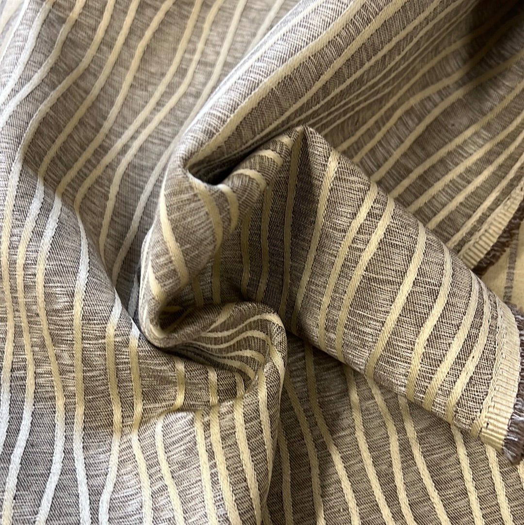Beige and brown striped fabric swatch, textured weave