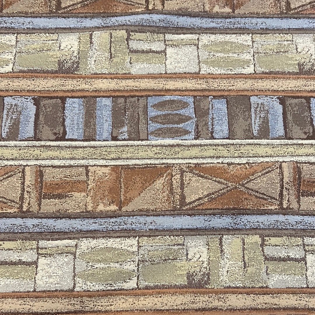 1879 Fahrenheit Pottery fabric: Brown, beige, and blue geometric pattern upholstery textile.
