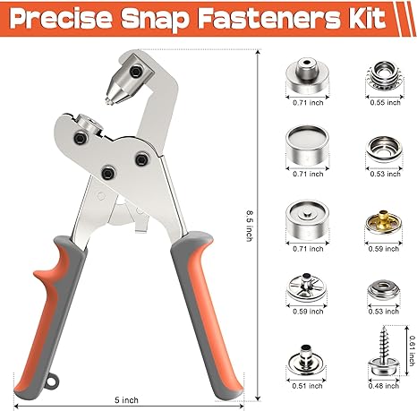 Precise Snap Fasteners Kit: 5-inch tool with orange handles, installs various snap fasteners (sizes shown).