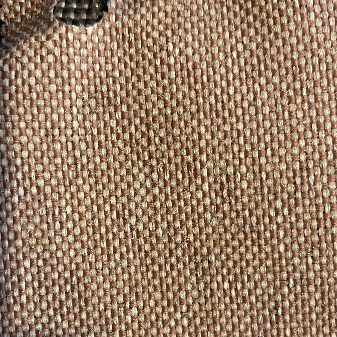 Duramax Copper fabric swatch: Close-up of textured, brown and beige woven upholstery material.