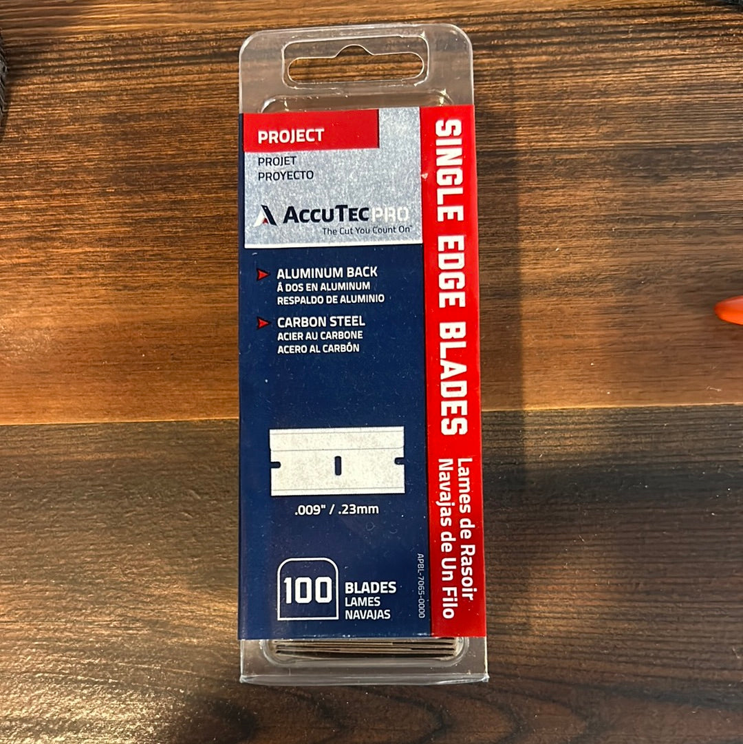 AccuTecPro single edge blades, 100 count, .009"/.23mm, aluminum back, carbon steel, $9.95