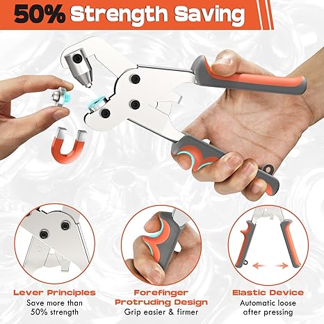 Gray and orange snap fastener tool with ergonomic grip, shown in use.