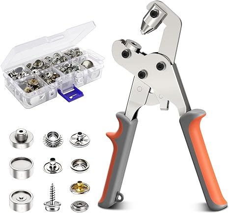 Snap fastener pliers with assorted metal fasteners in a plastic case.