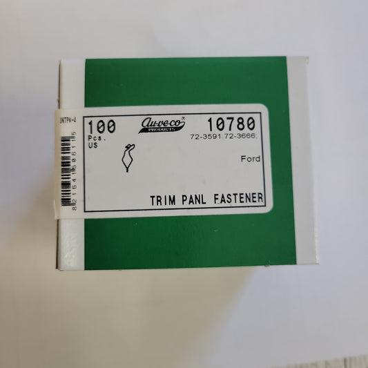 AUVECO 10780 Trim Panel Fasteners: 100-pack, green & white box, for Ford vehicles.