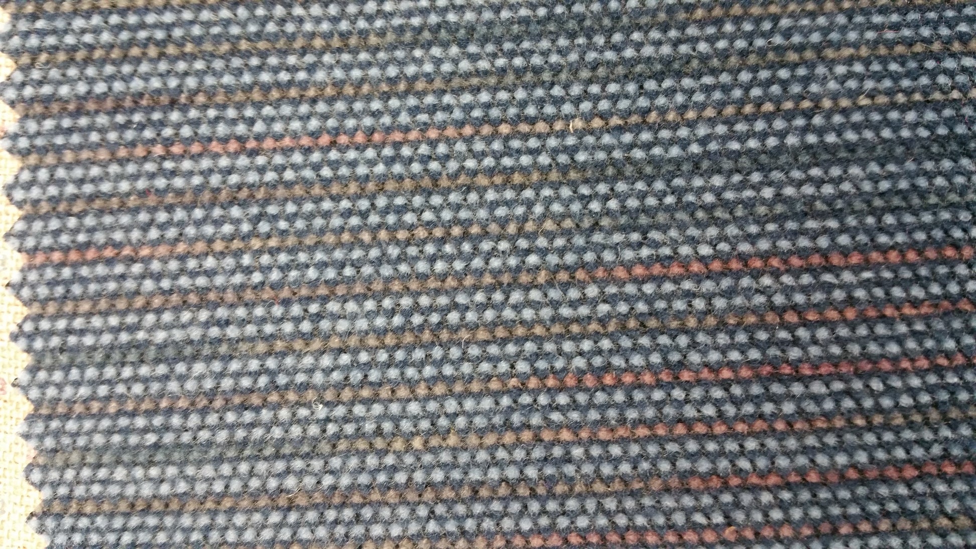 Detroit 5134 Cirrus Lapis Ford fabric swatch: textured blue, gray, and brown wool blend with subtle stripes.