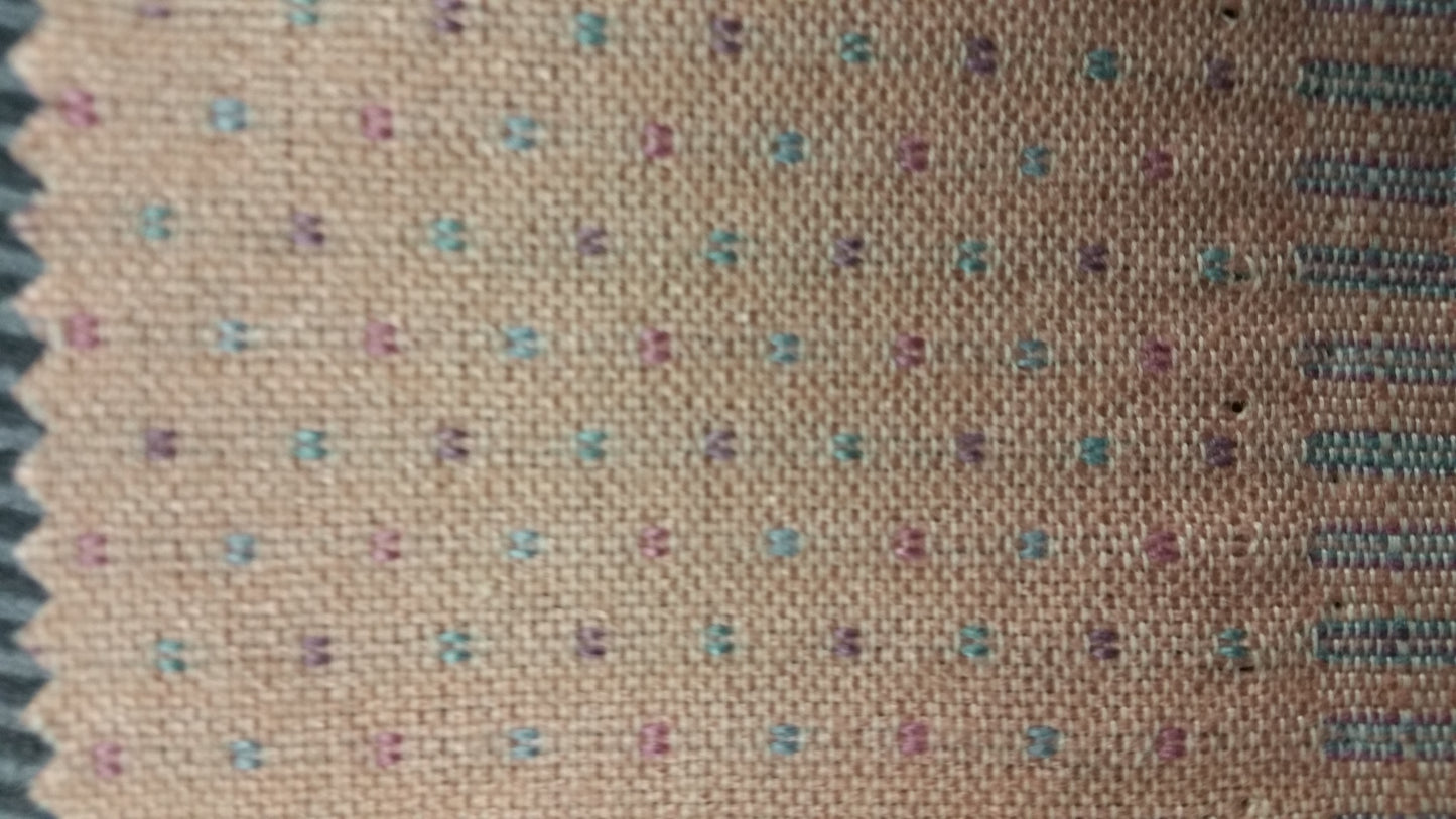 Pink Contract Fabric NTM0036: Textured beige fabric with small multicolored floral pattern.