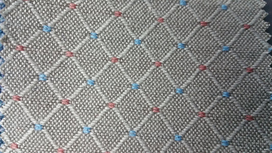 Ring 736 Diamond Gray fabric swatch: gray linen with blue and red diamond pattern.