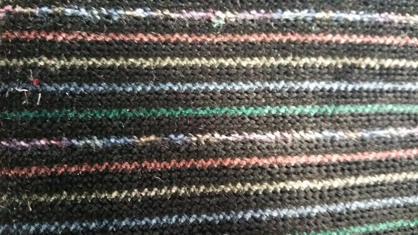 Ring 992 multi-colored contract fabric swatch: black base with thin stripes in pink, gray, blue, and green.