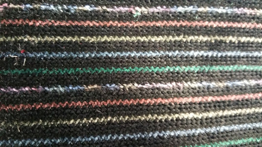 Ring 992 multi-colored contract fabric swatch: black base with thin stripes in pink, gray, blue, and green.