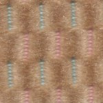 Sonoma Sandstone fabric swatch: textured beige upholstery with pink and blue vertical stripes.
