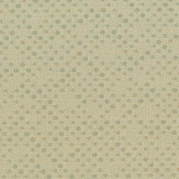 Benday Beachgrass fabric swatch: light beige background with repeating green and orange textured dots.