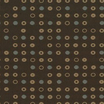 Culp Fine Tune Cocoa fabric swatch: dark brown background with repeating pattern of tan and blue-gray circles.