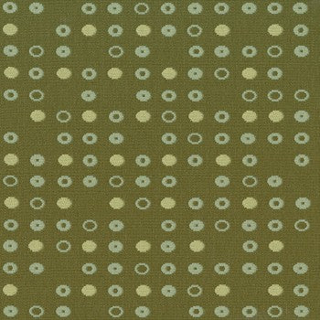 Culp Fine Tune Herb fabric swatch: olive green background with repeating pattern of light green and beige circles.