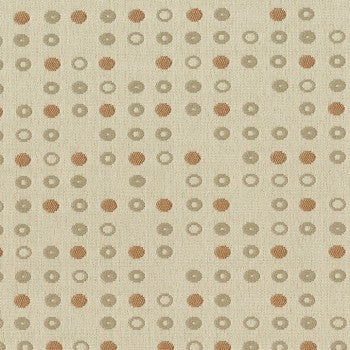 Culp Fine Tune Luna fabric swatch: beige linen-like texture with repeating pattern of small tan and copper circles.