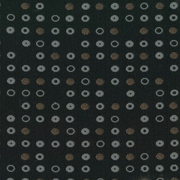 Culp Fine Tune Onyx fabric swatch: dark background with repeating pattern of gray and gold circles.