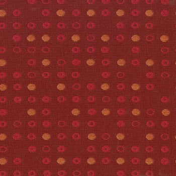 Culp Fine Tune Ruby fabric swatch: rich burgundy ground with textured orange and red polka dots.