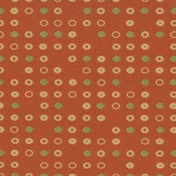 Culp Fine Tune Tangelo fabric swatch: rust-orange background with repeating pattern of olive and beige circles.