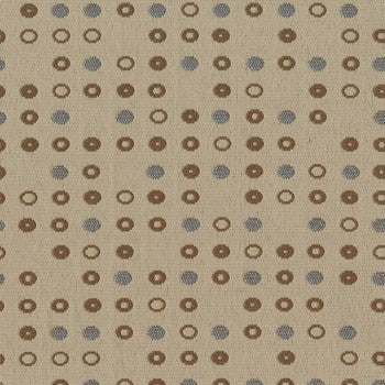 Culp Fine Tune Wheat fabric swatch: neutral beige background with repeating brown and blue-gray circular pattern.