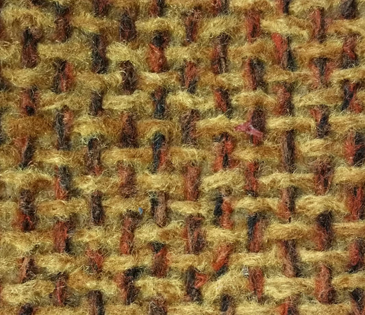 Gold Firethorn Basket Weave Fabric: Close-up of textured, olive-gold and burnt-orange weave.