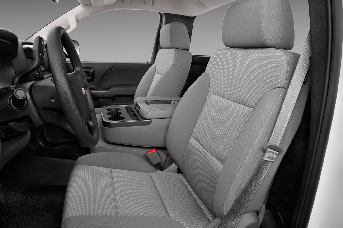 Dark ash grey cloth truck seats, interior view.