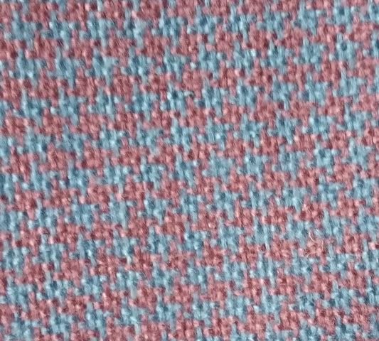 Blue Mauve Houndstooth fabric swatch: textured blue and mauve houndstooth pattern.