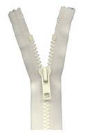 96" white plastic double pull zipper; #10 size, ideal for apparel and crafts.