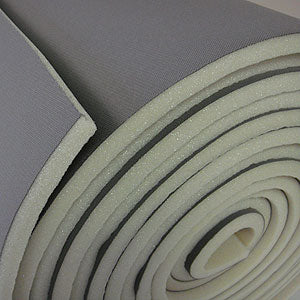 Rolled 1/4" sew foam sheet; gray fabric-covered foam with off-white core.
