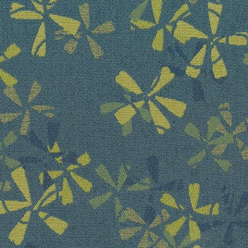 Culp Petal Pusher Cornflower upholstery fabric: teal blue background with yellow-green floral pattern.