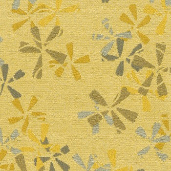 Culp Petal Pusher Daffodil contract fabric swatch: yellow ground with gray and gold stylized floral print.