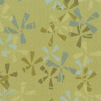 Culp Petal Pusher Ginko Contract Fabric: Olive green textured fabric with stylized floral pattern in muted greens and blues.