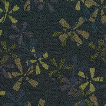 Culp Petal Pusher Iris Contract fabric swatch: dark green background with olive, purple, and blue floral pattern.