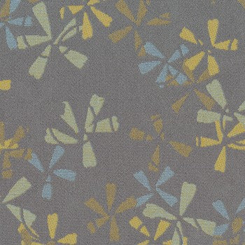 Culp Petal Pusher Larkspur contract fabric swatch: gray background with yellow and blue floral pattern.