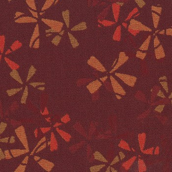 Culp Petal Pusher Rose contract fabric swatch: dark red ground with stylized orange and tan floral pattern.
