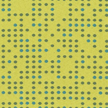 Culp Punch Card Citronelle Contract Fabric: Durable, textured yellow fabric with teal dots, ideal for high-traffic commercial use.